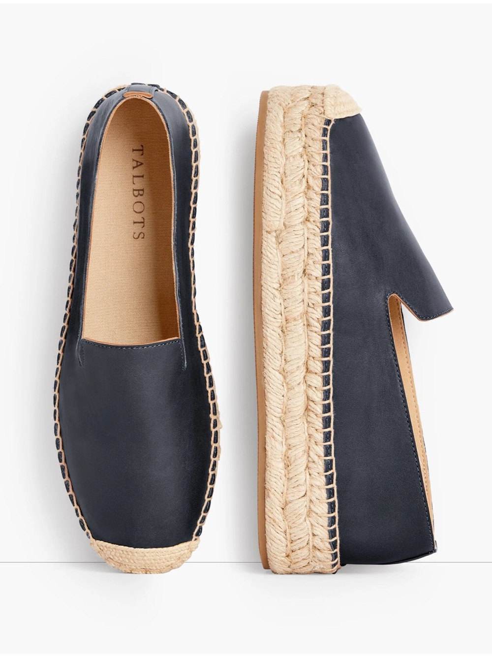 Coastal Chic Talbots Quinn Navy Leather Platform Espadrilles with Natural Jute